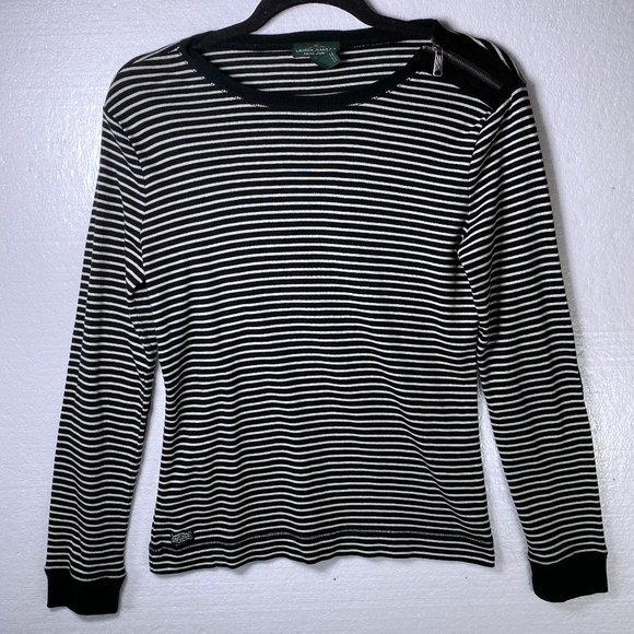 Lauren Ralph Lauren L Logo Elbow Patch Striped Top - Picture 1 of 9
